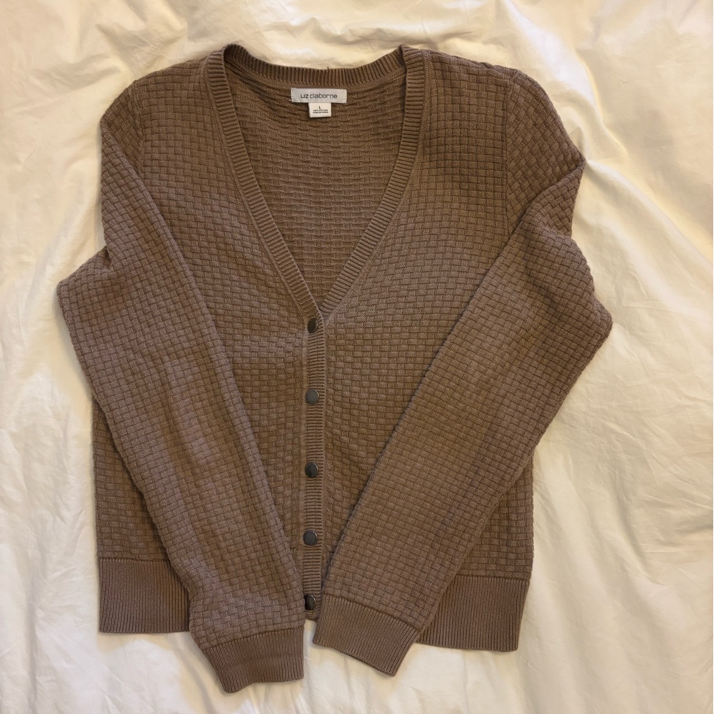 Liz Claiborne Brown Waffle-Knit V-Neck Cardigan